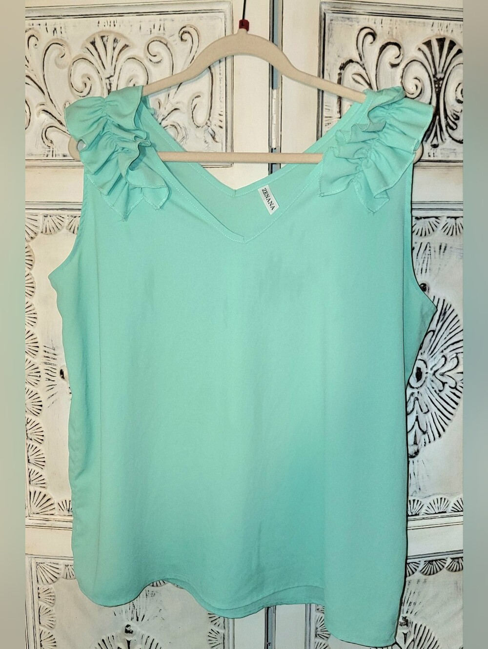 Zenana Outfitters Ruffle Shoulder Sleeveless Blouse - Seafoam- Size 2X